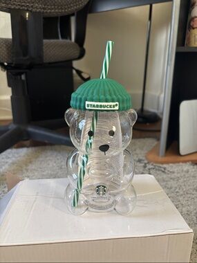 Starbucks Clear Bear Tumbler with Green Beanie and Green-White Straw